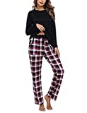 Uniexcosm Schlafanzug Damen Baumwolle Pyjama Set Lang Zweiteiliger Nachtwäsche Raglanärmel Sleepwear und Karierte Pyjamahose Hausanzug Freizeitanzug Stil 1:Schwarz L