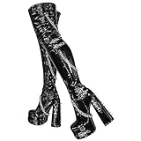 blingqueen Damen Overknee Stiefel Plateau Blockabsatz Punk Boots mit Ketten Nieten Zipper Lack Schwarz 41 EU