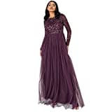 Maya Deluxe Damen Women's for Wedding Guest Plus Size Large Rich High Waist Sequins Long Sleeve Prom Evening Bridesmaid Dress, Beere, 48 EU