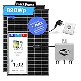 Balkonkraftwerk 800W Komplettset - KLARBEIT | 2x Black Frame Solarmodul 445W | 800W Wechselrichter Deye SUN-M80 | WLAN-Anbindung | 30 Jahre Leistung | Photovoltaik für Steckdose, 800 Watt, 3 Meter