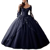 HUINI Ballkleider Lang Spitze Brautkleider Langarm Quinceanera Kleider Prinzessin V-Ausschnitt Hochzeitskleider Navy 38