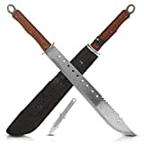 KOSxBO XXL SET Machete Survival 69 cm incl. Wurfmesser im FULL TANG Blade Style Zombie Dead Hunter Macheten Buschmesser aus Edelstahl, silber edelstahl rot holz braun