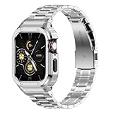 HASLFM Armband Kompatibel mit Apple Watch Armband Serie 6 SE 5 4 3 2 1(42/44mm), Robustes Edelstahl Metall Ersatz Armband mit Gehäuse Cover für iWatch 42/44mm für Männer, Silber