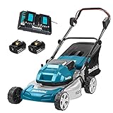 Makita DLM460PT2 Akku-Rasenmäher 2 x 18 V/ 5,0 Ah, 2 Akkus + Doppelladegerät, Blau