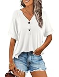 Beluring T Shirt Damen Tunika Sommer Kurzarm V-Ausschnitt Einfarbig Oberteile Weiß XL