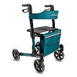 Weinberger leichter klappbarer Alu-Rollator all-Inclusive mit Tasche Stockhalter Bremsen, Leichtgewicht nur 7,3 kg, höhenverstellbar, Gehwagen Gehhilfe Reiserollator, Farbe Petrol-Grün