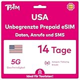 TSIM USA eSIM 14 Tage | Unbegrenztes Datenvolumen, Anrufe & SMS | Prepaid USA eSIM | Nutzt das T-Mobile-Netzwerk | Nummer vor der Reise erhalten | Hotspot-Sharing erlaubt | 5G eSIM