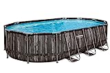 Bestway Power Steel Frame Pool Komplett-Set mit Filterpumpe 610 x 366 x 122 cm , Holz-Optik (Mooreiche), oval