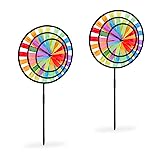 Relaxdays Windrad, 2er Set, Regenbogen-Design, Kinder, Windspielstecker für Balkon & Garten, HBT: 72 x 35 x 15 cm, bunt