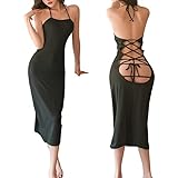 Damen Minikleid mit tiefem V-Ausschnitt, Neckholder, rückenfrei, für Damen, Party, Nacht, sexy, Club, figurbetont, Schwarzer langer Rock, Einheitsgröße