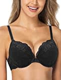 Wingslove Damen Push Up BH mit floraler Spitze gepolsterter Bügel BH Komfort BH, Schwarz, 38B / 85B