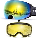 Odoland Skibrille Unisex für Damen und Herren Jungen Rahmenlose Snowboardbrille mit Magnetische Wechselglas UV-Schutz Anti-Nebel Schneebrille Helmkompatible Ski Goggles zum Skifahren Schwarz Golden