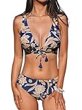 CUPSHE Damen Bikini Set V Ausschnitt Lace Up Mid Waist Paisley Bademode mit Quasten Reversible Bikinihose Zweiteiliger Badeanzug Swimsuit Marineblau/Paisleymuster L