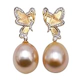 JYX Pearl 18 K Gelbgold baumelnde Ohrringe AAA+ echt 14,5 x 17,5 mm goldene Südsee-Zuchtperle gepunktet mit glänzenden Diamanten für Frauen