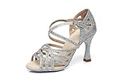 MINITOO Damen Tanzen Schuhe Tanzschuhe Latein Salsa Glitzer Sandalen L357 Silber EU 38