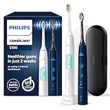 Philips Sonicare ProtectiveClean 5100 elektrische Zahnbürste, Schallzahnbürste mit 3 Putzmodi, Clean und White, Drucksensor, Timer und Reiseetui, Weiß und Blau, 2er-Pack, Modell HX6851/34