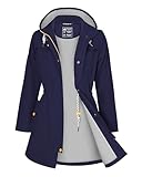 ATLASLAVA Regenjacke Damen Wasserdicht Kapuze übergangsjacke Lang mit Atmungsaktiv Futter Trenchcoat Windbreaker Navy Blau 2XL