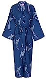 Susannah Cotton DESIGNER Morgenmantel, Premium BIO Baumwolle Frauen Mädchen Damen Bademantel, Trendfarbe MARINE-BLAU mit SCHWALBEN Printmuster, Kimono Hausmantel 100% soft, leicht, lang Sleepwear