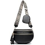 KUNKUN bauchtasche damen umhängetasche schwarz crossbody bag damen breiter gurt 5CM veganes leder brusttasche mit münzgeldbörse