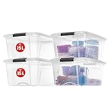 Iris Ohyama Aufbewahrungsboxen mit Deckel, 15L, 4er-Set, Transparent, Sicherer Verschluss, Stapelbar, Griffe, Schlafzimmer, Schrank, Büro, Organisation, BPA-freies Plastik, Ordnungsboxen, NTB-15