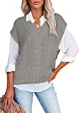 Aleumdr Damen Pullunder V-Ausschnitt Strickweste Pullunder Damen Ärmellos Casual Pullover Damen Oversize Strickpullover Damen Grobstrick Winterpullover Strickpulli Damen Elegant,Grau L