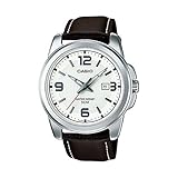 Casio Herren Quartz Armbanduhr, 43.00mm GehäusegröÃŸe mit weiÃŸ analog Zifferblatt und braun Lederarmband Armband MTP-1314PL-7AVEF