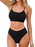 CUPSHE Damen Bikini Set U Ausschnitt High Waist Tank Sport Bikini Strukturierte Bademode Zweiteiliger Badeanzug Swimsuit Schwarz XL