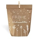 Weihnachtstüten Geschenktüten Set - Frohe Weihnachten, mit 24 gestempelten Kraftpapiertüten & Mini-Holzklämmerchen, Geschenkverpackung für Plätzchen, Kekse, Weihnachtsgeschenke, 14 x 22 cm