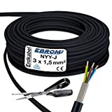 EBROM Erdkabel NYY-J 3x1,5 mm² - Starkstromkabel - PVC Erdleitung - schwarz - Meterware auf den Meter genau - Auswahl in 1 Meter Schritten, viele Längen - NYY-J 3x1,5 mm2 - Ihre Länge: 15 Meter