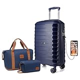 KONO Reisekoffer Sets PP Material Carry On Gepäck 3 Stück Sets, Lightweight Hand Trolley mit USB Port Built-in mit 1pcs Reisetasche und 1pcs Kulturbeutel (Dunkelblau)