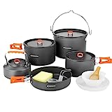 Odoland Camping Kochgeschirr Set 18 Teilig, Outdoor Geschirr Set mit 3 Topfe, Bratpfanne und Wasserkocher Camping Kochtopf Set, Kochgeschirr Aluminium für Camping,Reisen,Picknick