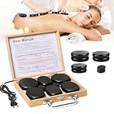 Ricyea Hot Stone Massage Set, 10 Heiße Steine, Massagesteine Set aus Basalt mit Bambuskiste, Hot Stone Wärmegerät für Spa, Entspannung, Massagetherapie (10 Stück)