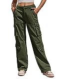 Fuakesor Cargohose Damen Baggy Y2K Multi Taschen High Waist Stretch Wanderhose Sport Jogginghose mit Elastischen Knöcheln(Grün,M)