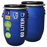 plasteo® 2 Stück: 60 L Weithalsfass mit Spannverschluss | 100% Lebensmittelecht | Universalfass | Futtertonne | Regen Maische Tierfutter Trinkwasser Camping Lagerfass | Stapelbar | Blau