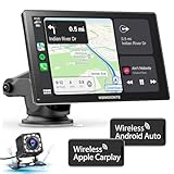 WSRADIOKITS Wireless Carplay Autoradio,Portable 9''Touch Screen Carplay and Android Auto,1080p Backup Camera,Drive Mate Carplay GPS Navigation with Mirror Link/Siri/FM/Bluetooth,Car Radio