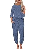 Ekouaer Damen Schlafanzug Lang Weich Pyjama Set mit Taschen Zweiteiler Sleepwear Winter Hausanzug Marineblau L