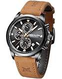 MEGALITH Herrenuhren Chronographen Analog Quartz Armbanduhr Herren Braun Leder Armband Wasserdicht Uhr Herren Lässig Design Datum Leuchtend Elegant Geschenke Uhren für Männer