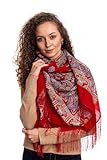 Original Damen Rot Russischer Pawlow Pavlovo Posad Schal Tuch Umschlagtuch 100% Wolle mit seidenfransen, mit Paisley 125cm x 125cm