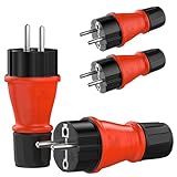 RedStar24 Schuko Stecker 230V IP54 4er Set Robuster Schutzkontaktstecker aus Gummi & Kunststoff, Schwarz Rot | Hermetisch Versiegeltes Design | Perfekt für den Außenbereich | 3-Poliger Stromstecker