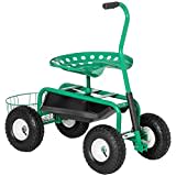 Outsunny Gartenwagen mit Rollsitz bis 150 kg mit Ablage Korb für kleine Gartengeräte Werkstattwagen fahrbar Gartensitz Richtung steuerbar Sitzhöhe 46-59 cm höhenverstellbar Metall Gummi Grün