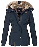 MARIKOO warme Damen Winter Jacke Winterjacke Steppjacke gefüttert Kunstfell B658 [B658-Nek-Navy-Gr.L]