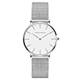 HANNAH MARTIN Damen Uhren Analog Quarz Edelstahl Wasserdicht Mesh Ultradünne (Weiß Oberfläche ，Silber Armband)