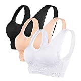 Vertvie Damen Sport BH Spitzen BH Frauen Bustier Lace Bra Dünn Front Closure Push Up Ohne Bügel Top für Yoga Fitness Training Stretch Wohlfühl-BH(C-Schwarz+Weiß+Haut, XL)