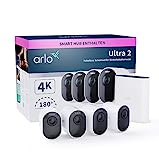 Arlo Ultra 2 Überwachungskamera Aussen WLAN, Kabellos, 4er Set, 4K UHD Qualitätsprodukt, 180° Sichtfeld, Spotlight, Farb-Nachtsicht, Bewegungsmelder, Alarm Sirene + mit Arlo Secure Testzeitraum