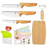 Kibbidea 7-teiliges Kindermesser Set, Holz, Edelstahl, Küchenmesser ab 3 Jahren, zum Schneiden und Kochen von Obst oder Gemüse, inklusive Schäler Schneidebrett Gewelltes Blumenmesser