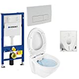 GEBERIT Duofix Vorwandelement Basic + Wand Tiefspül WC LIFE SPÜLRANDLOS + WC-Sitz + Betätigungsplatte DELTA51