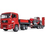 bruder 02774 - Man TGA Tieflader mit Manitou Teleskoplader MLT 633-1:16 Fahrzeuge, Tieflader, Transporter, LKW, Radlader, Spielzeug ab 3 Jahre