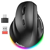 MEETION Linkshänder-Maus, ergonomische Maus, kabellos, vertikale Maus, RGB-Maus für Bluetooth (5.2 + 3.0) und USB-A mit Typ-C-Adapter, 4 einstellbare DPI, für Mac/Windows/PC/Tablet/iPad, Schwarz