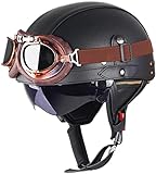 Retro Helm Motorradhelm Lederhelm Jethelme Vintage Mopedhelm Mit Brille ECE Zertifiziert Motorradkreuzer-Rollerhelm im Deutschen Stil (Eisenhaltig,S/55-56cm)