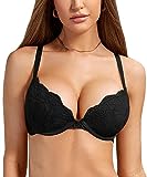 DOBREVA Damen Push Up BH Mit Spitze Gepolstert Plunge Bügel Vollschalen BHS Gemoldete Cups Schwarz 90C